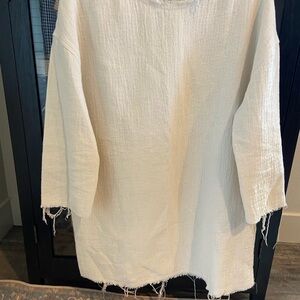 Zara Cream Textured Fringe-Trim Tunic Top